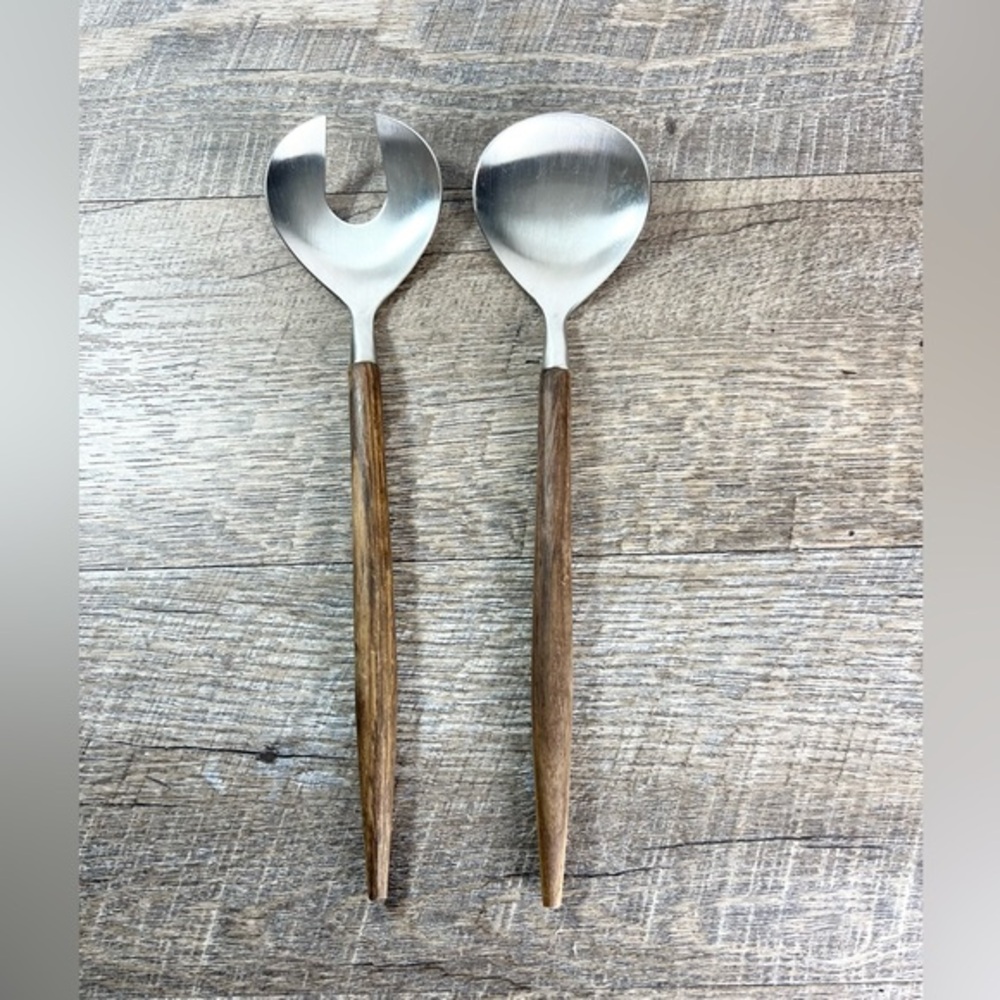 Reed & Barton Viking wood handle Salad Serving MCM mid century Stainless hostess